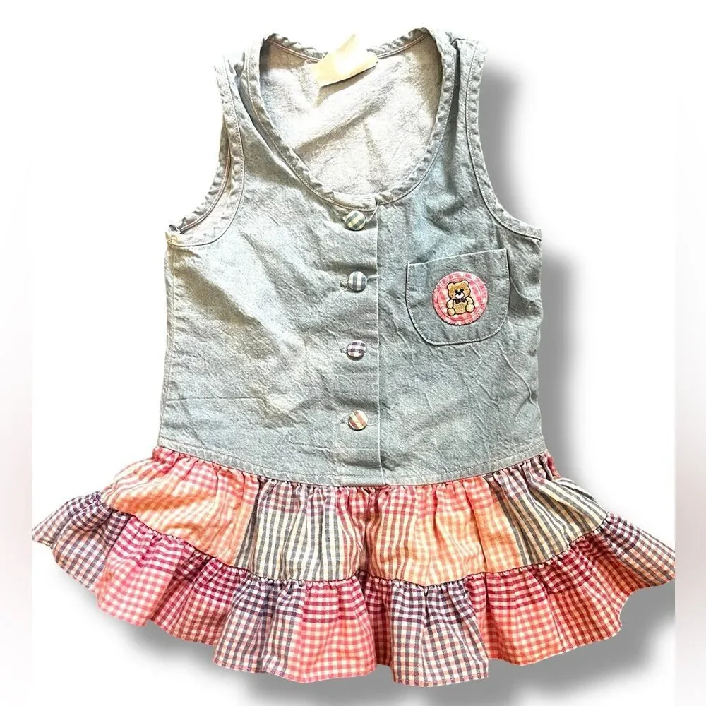 Vintage Bonnie Jean Sport Girls Denim & Tartan Plaid Tiered Hem SleevelessDress